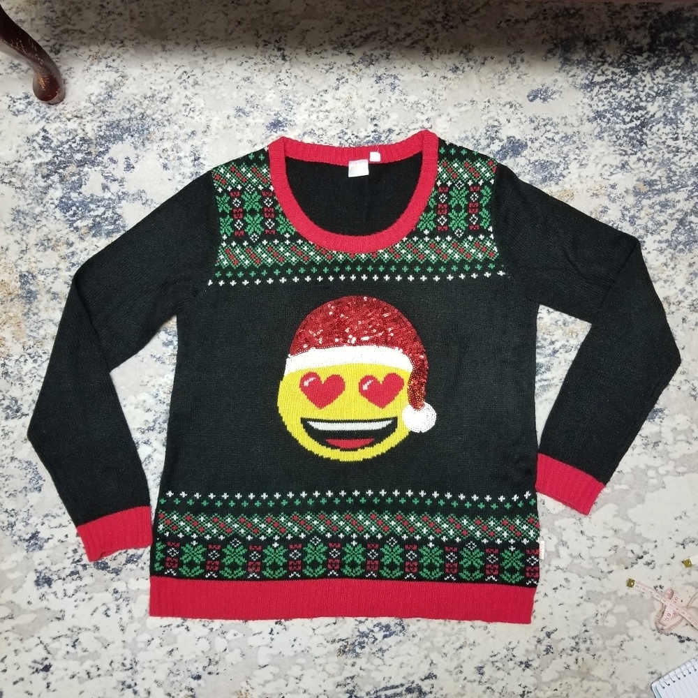 Ugly Christmas Sweater Ladies XL Emoji Smiley Face Sequin Santa Hat Black Red